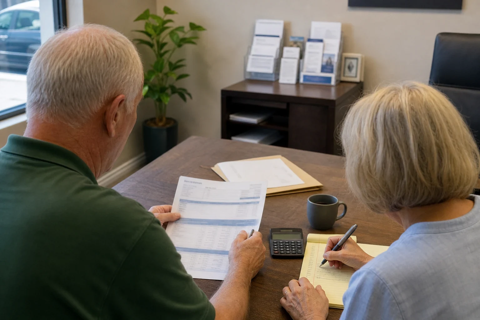 Retired couple seen from behind at a wooden office desk, reviewing a printed statement and writing on a yellow notepad beside a calculator and coffee mug