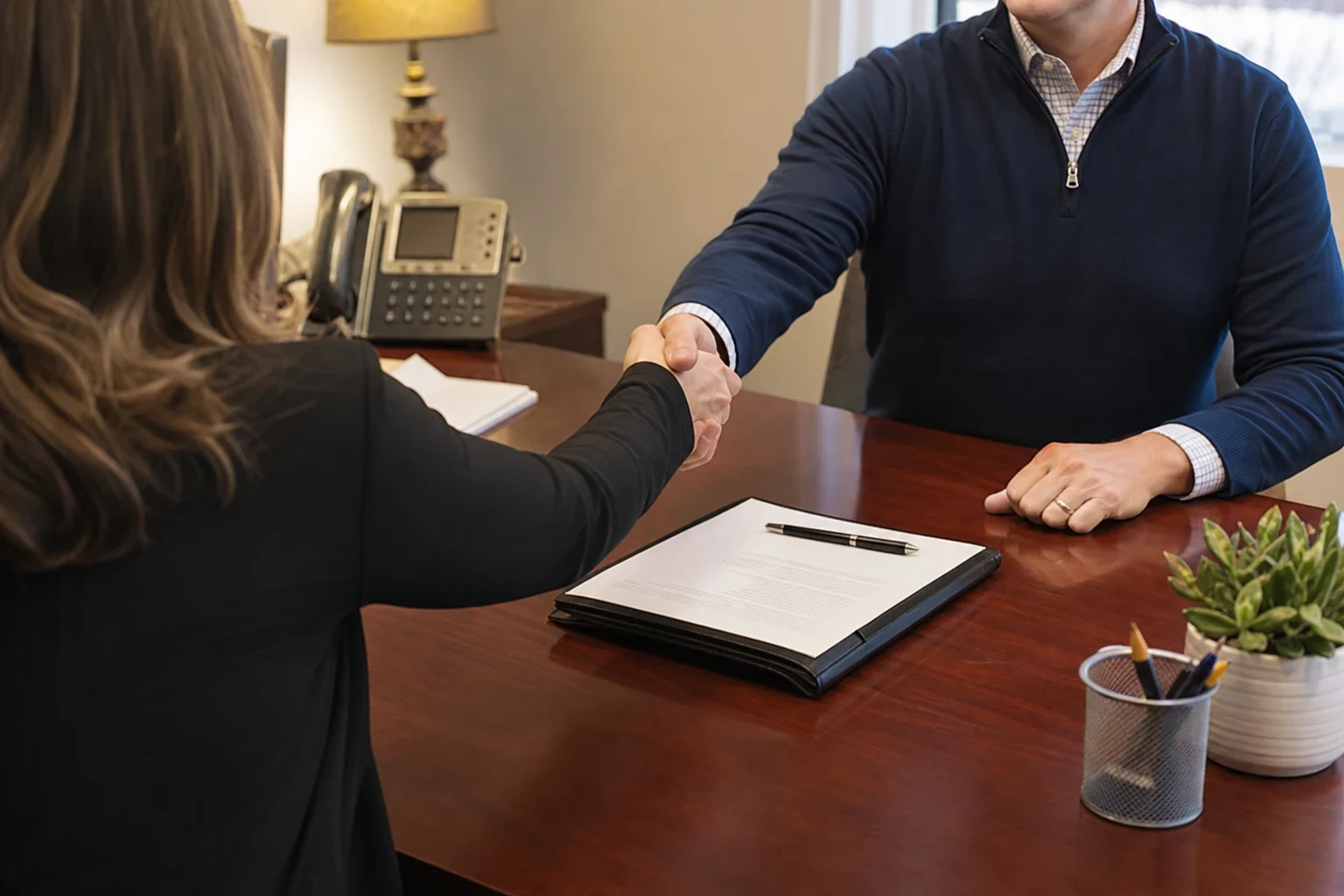Two people shake hands across a wooden office desk, with a pen resting on a document folder, a desk phone, a lamp, a pencil cup and a succulent nearby