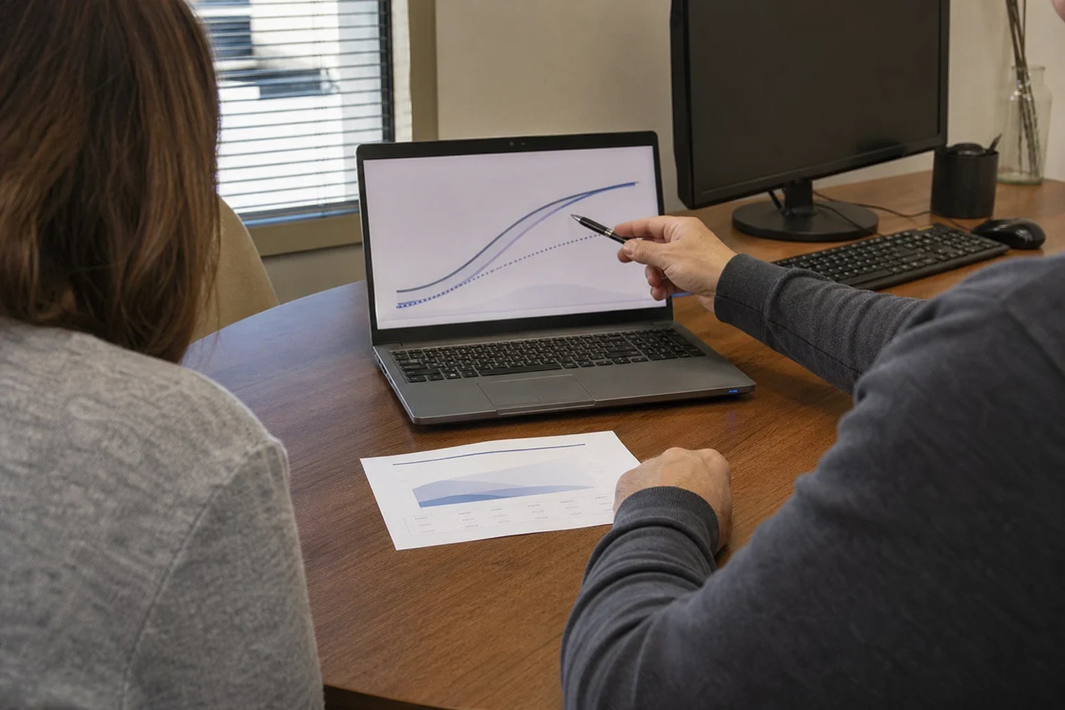 Agent points a pen at a line chart on a laptop while a client looks on across a wooden office desk, with a printed chart page, monitor and keyboard nearby